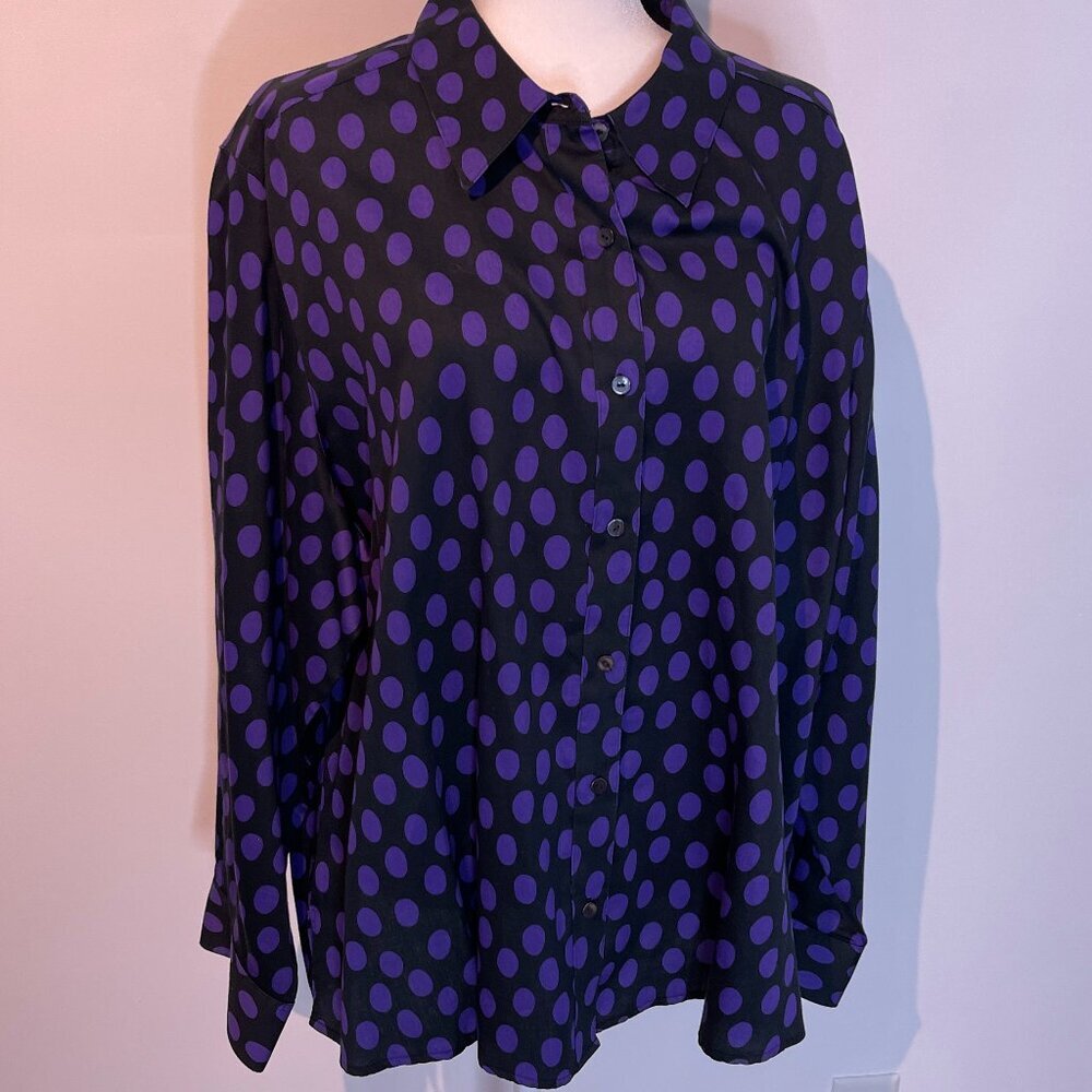 Foxcroft Black & Purple Polka Dot Button Down size 24W